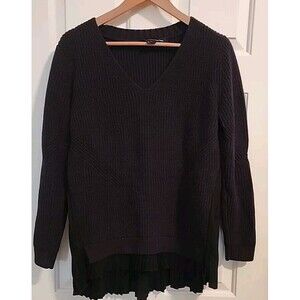 French Connection Womens Large Pleated Knit Sweater Navy Blue/Black V-neck